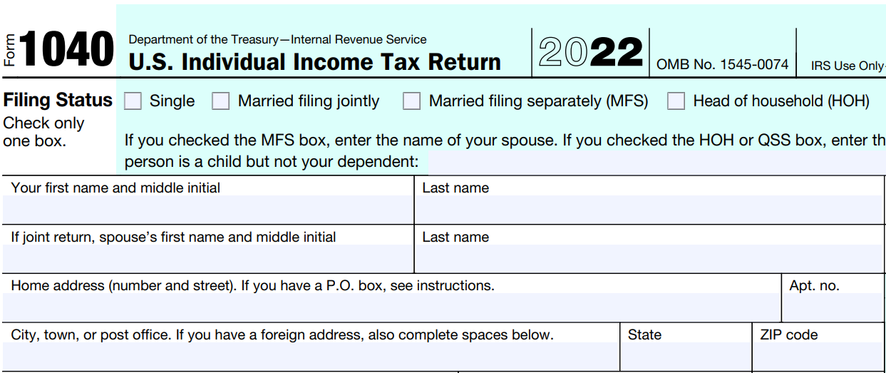 IRS form 1040 for 2022, top of page 1, blank.png